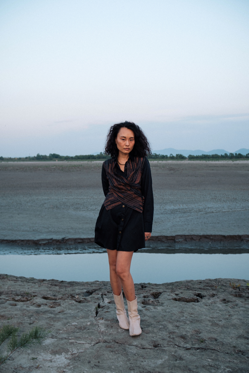 Upcycled Seattle Wrap Short Dress - Black Copper cotton by The Terra Tribe in black color for women Worldwide