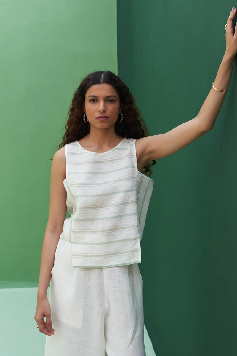 Jiho Striped Linen Crop Top
 - Mint linen by Manan in mint color for women Worldwide