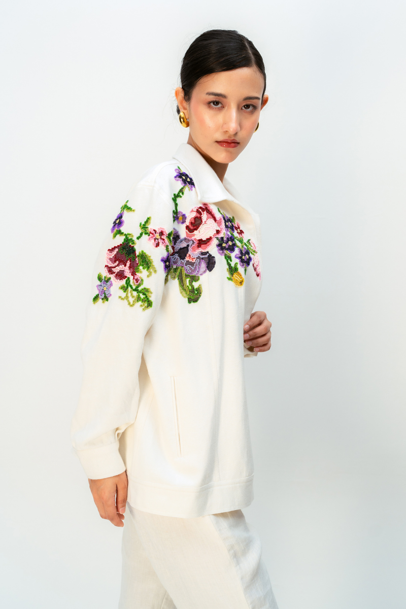 TINTS OF YOU JACKET handwoven denim jacket/overlay by Ode to Odd in off white for women Worldwide