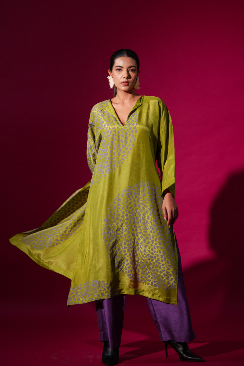 Beau Tunic-Leaf Green + Grey upada silk kaftans and tunics by Stoique in leaf green, grey for women Worldwide