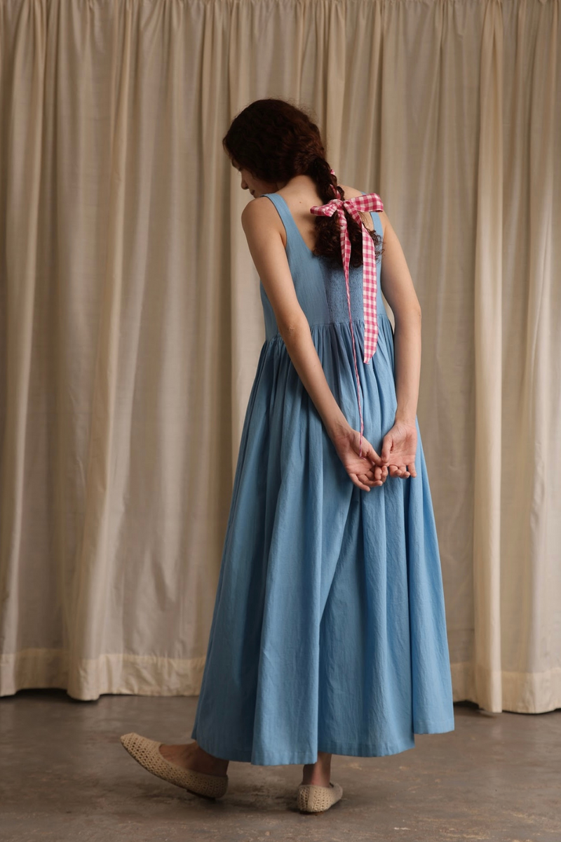 Mia Dress- Cornflower cotton by MASON AND MILL in blue color for women Worldwide