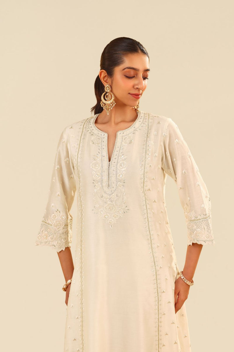 Sumaiya - A-Line Kurta With Palazzo And Dupatta-Daisy Ivory silk by SHEETAL BATRA in ivory color for women Worldwide