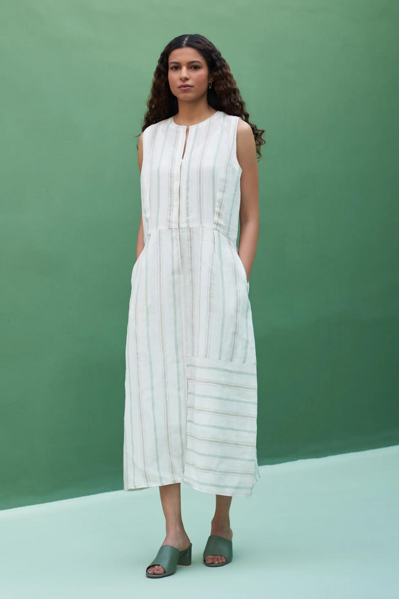 Una Striped Linen Sleeveless Dress
 - Mint linen by Manan in mint color for women Worldwide