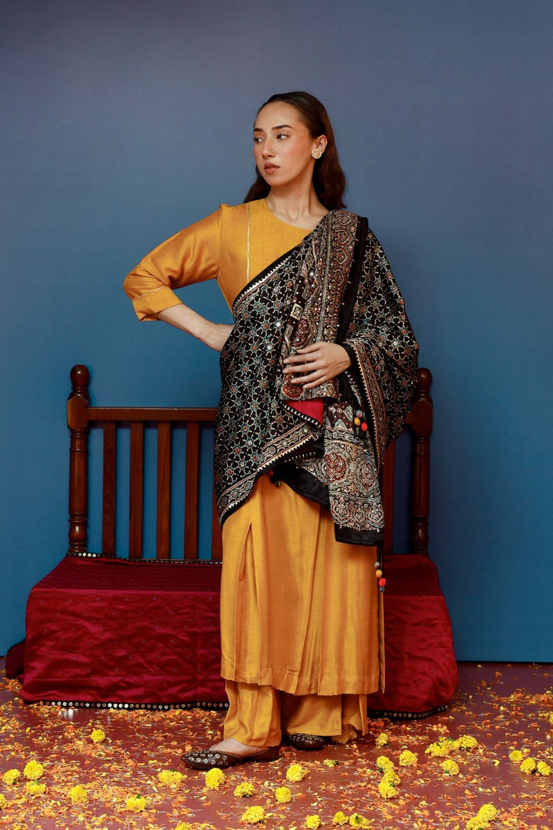 Dushala Black Ajrakh Reversible Wrap satin by PRAHNAAYA in black color for women Worldwide