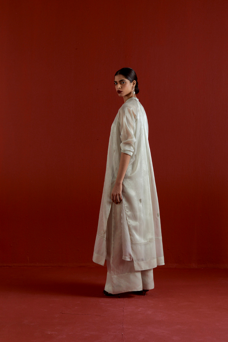EMB. GATHER NECK SHIRT CO-ORD-METALLIC GREY tissue by THREE in grey color for women Worldwide