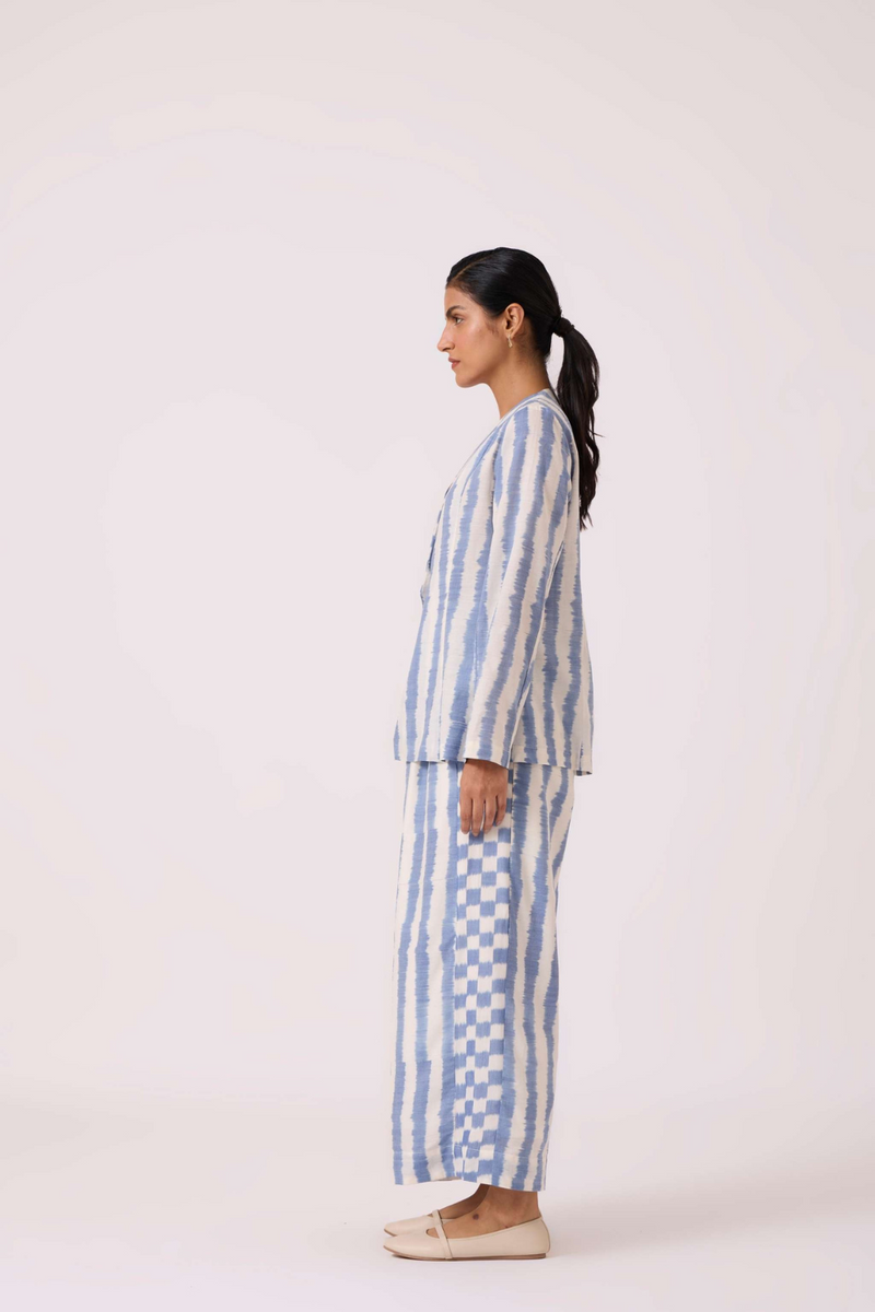 Dimtri Blue Striped Ikat Jacket cotton by The Summer House in blue color for women Worldwide
