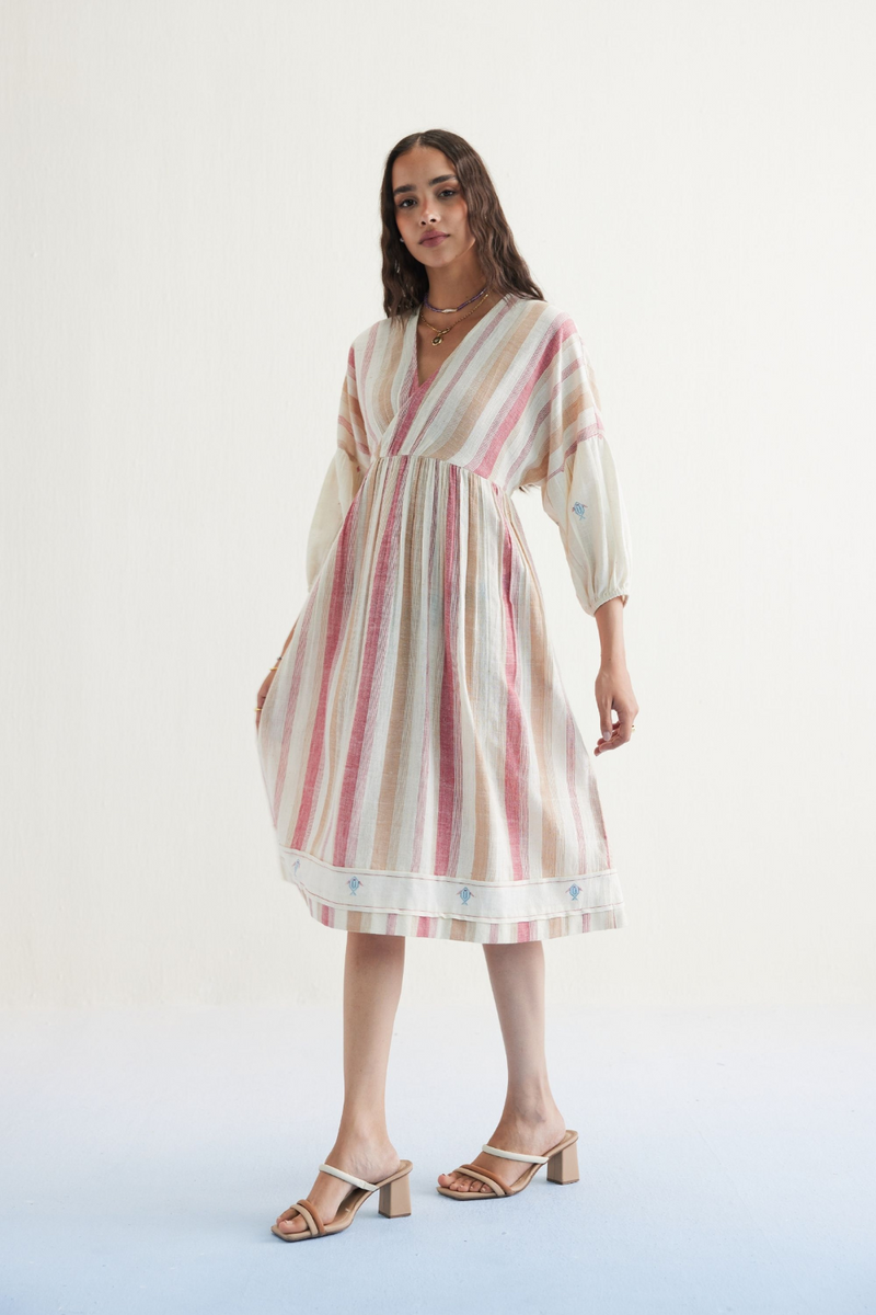 The Reef Shore Handwoven Kala Cotton Midi Dress cotton by SUI in white color for women Worldwide