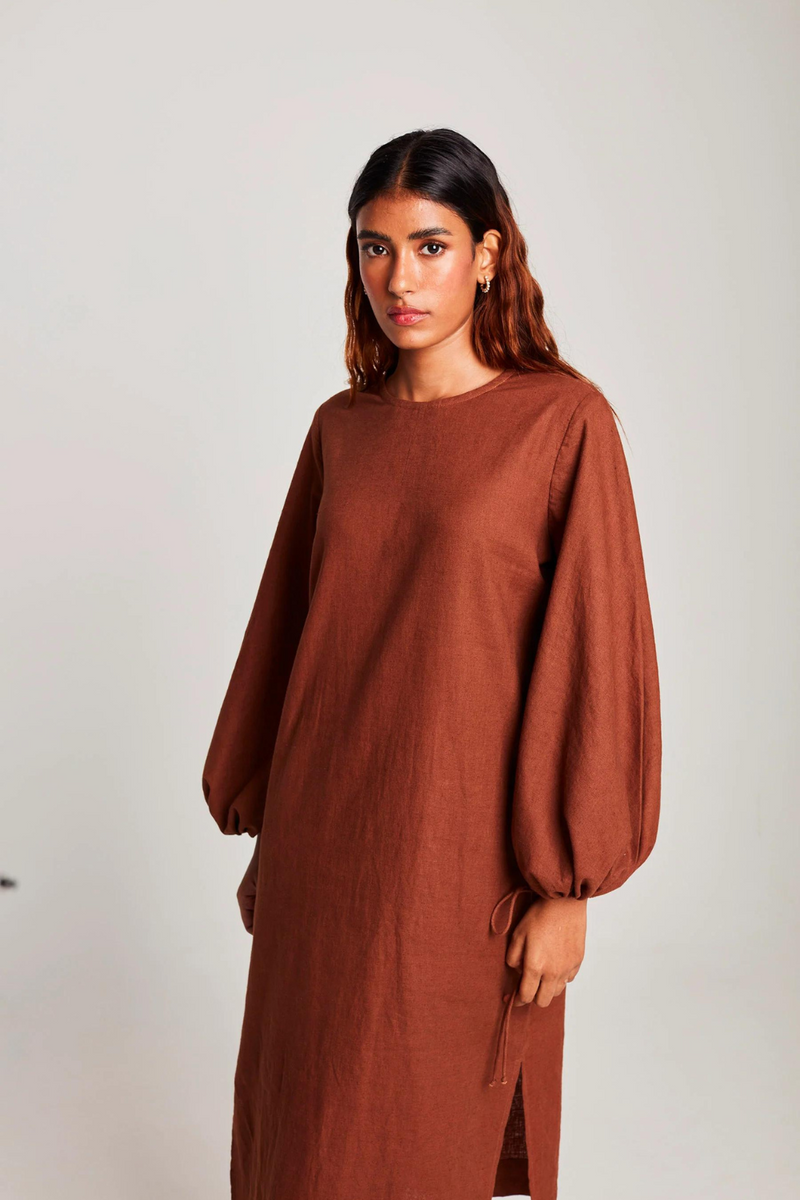 Mocha Co-Linen Balloon Sleeves Dress cotton by Saphed in brown color for women Worldwide