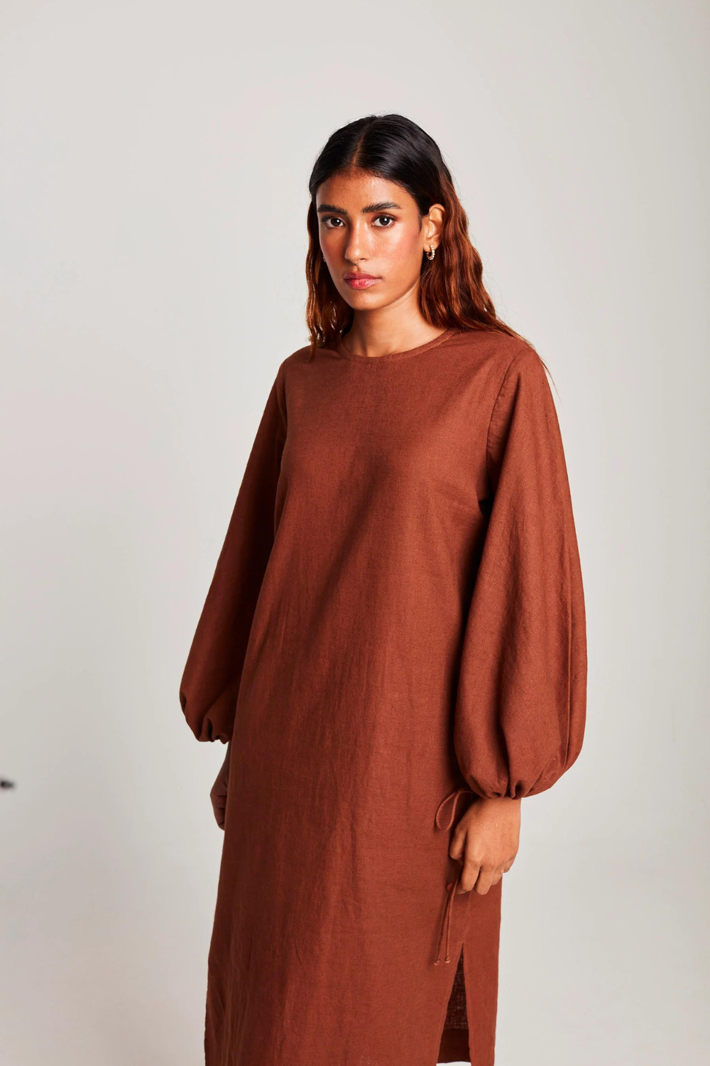 Mocha Co-Linen Balloon Sleeves Dress