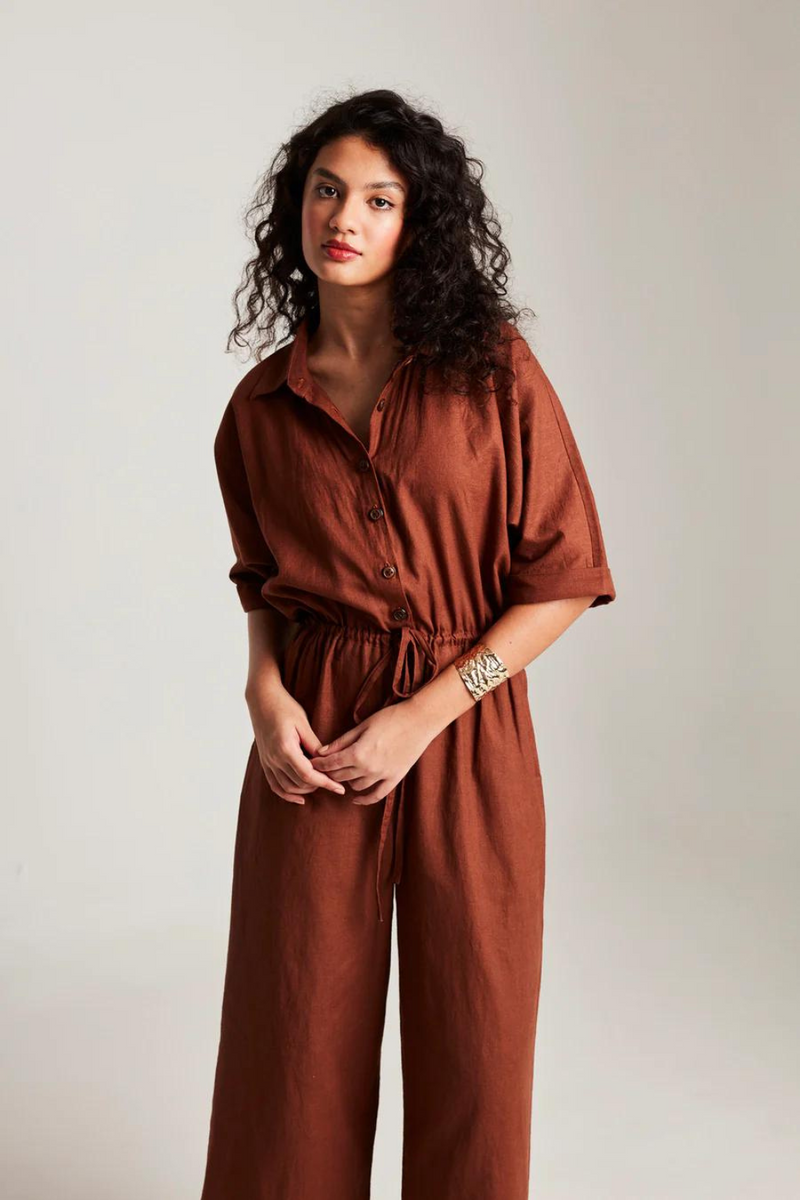Mocha Co-Linen Boilersuit cotton by Saphed in brown color for women Worldwide