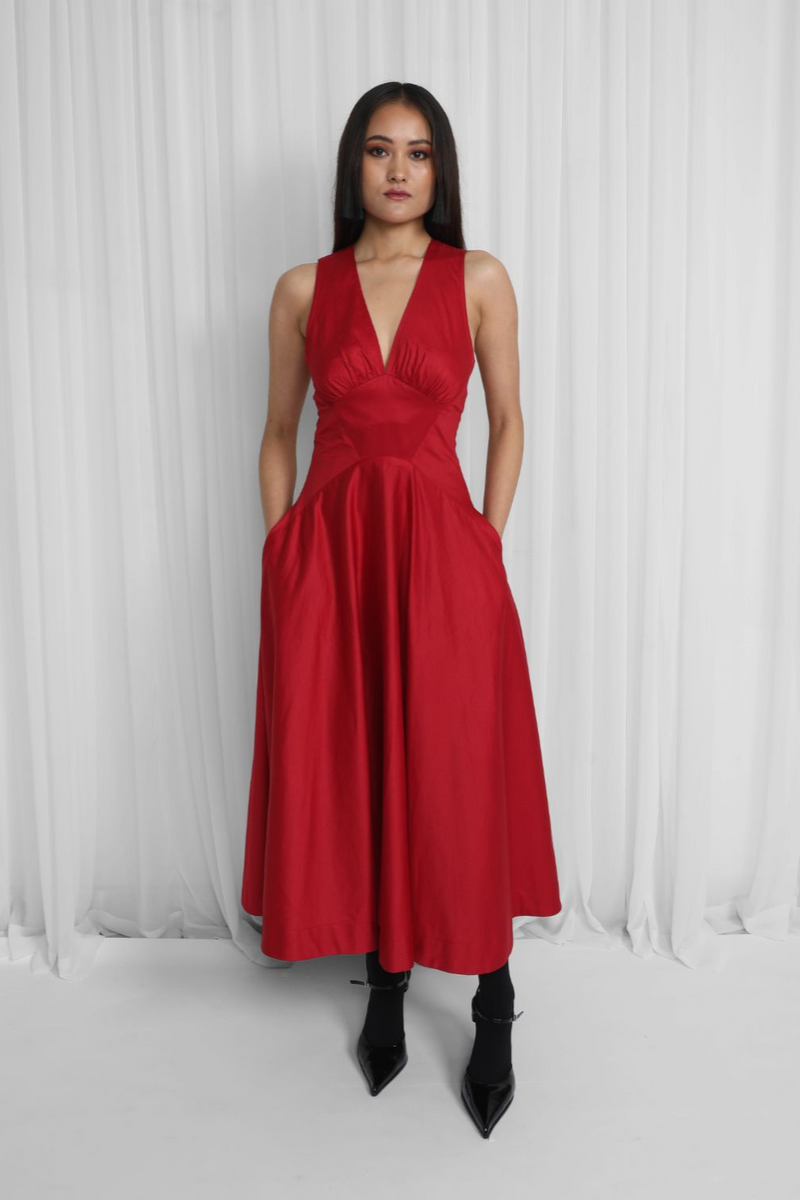 Medora Dress-Red 100% cotton by Leh Studios in red color for women Worldwide