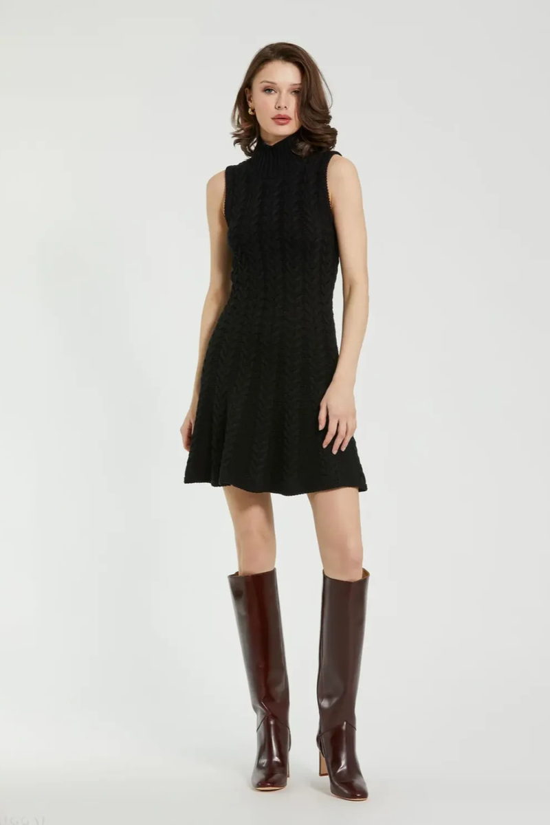 Black Cable Knit Turtle Neck Sleeveless Mini Sweater Knit Dress cotton by Mac Duggal in black color for women Worldwide