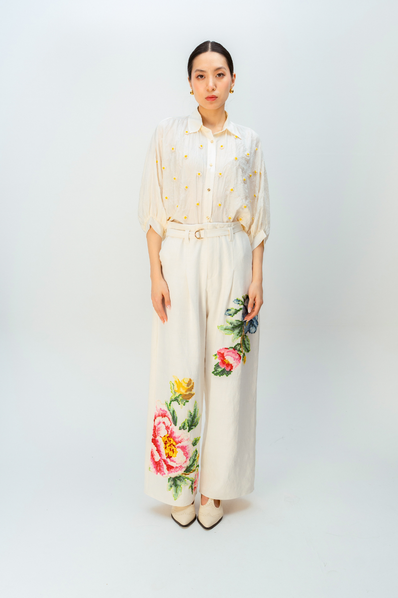 PETAL VALLEY TROUSER handwoven denim pant/trouser by Ode to Odd in off white for women Worldwide