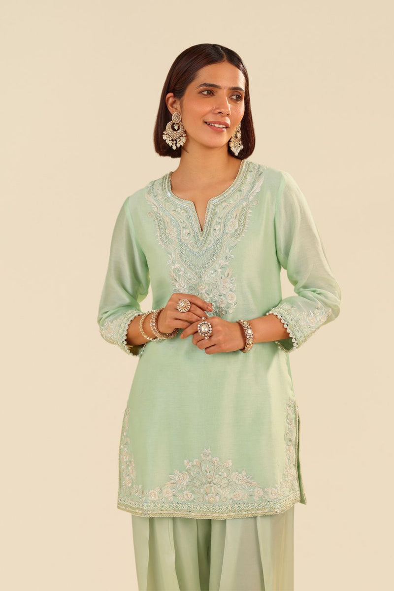 Haniya - Short Kurta With Salwar And Dupatta-Mint Green silk by SHEETAL BATRA in mint color for women Worldwide