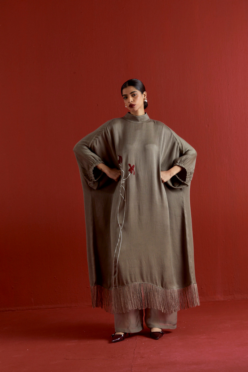 FLORAL FRINGE KAFTAN CO-ORD-CEDAR satin by THREE for women Worldwide