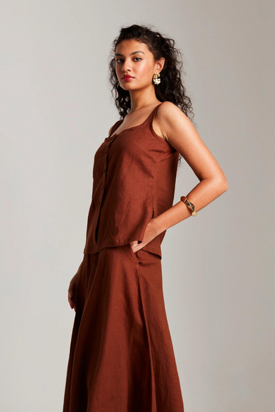 Mocha Co-Linen Side Slit Top & Skirt Set