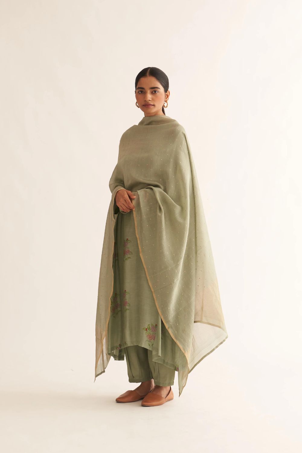 EVANI SAGE GREEN SILK FLORAL PRINT KURTA SET