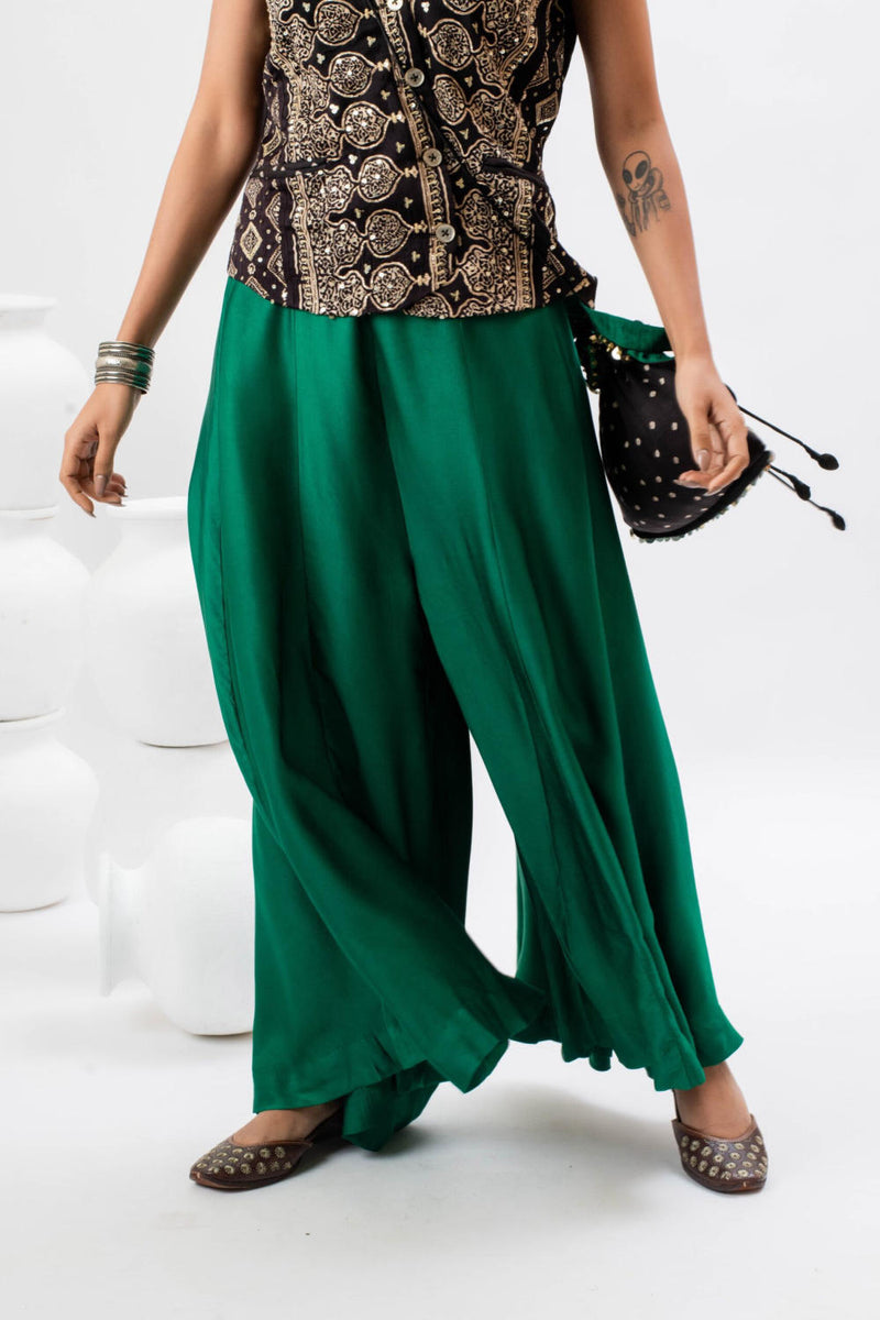 Tora Masai AJRAK Waist Coat Top & Oversize Pants satin by PRAHNAAYA in black color for women Worldwide