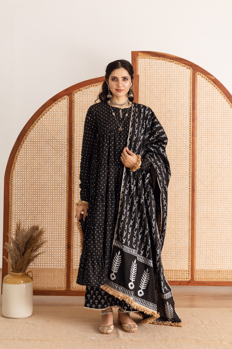 Raat Rani Set - black hand printed cotton kalidar suit set cotton by Maison Shefali in black color for women Worldwide