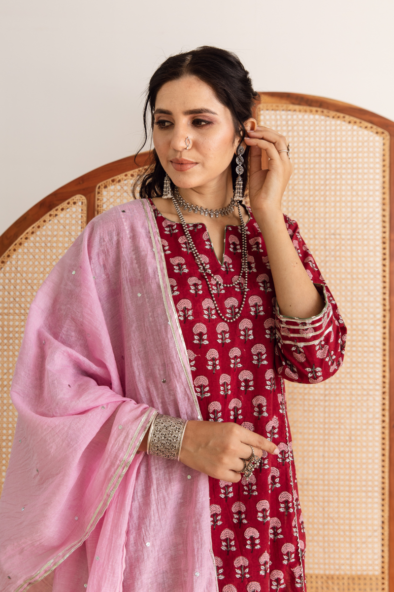 Gulaab gainda Kurta set- red hand block printed cotton kurta set cotton by Maison Shefali in red color for women Worldwide