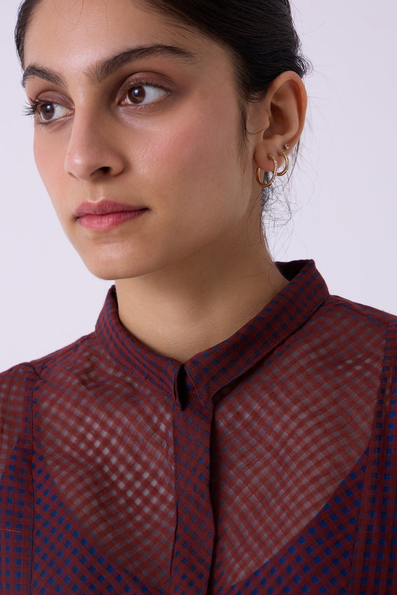 Zuri Blue Checkered HandwovenTop handwoven silk cotton top/shirt by The Summer House in blue for women Worldwide