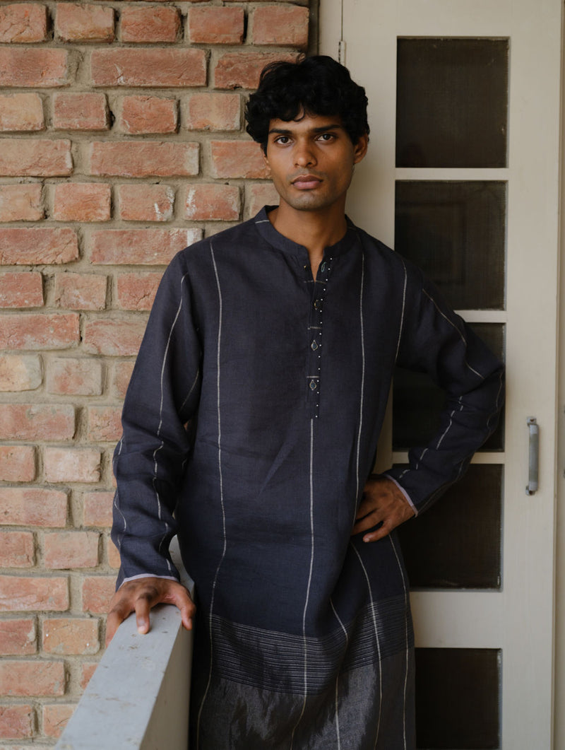 Jawahar Metallic Linen Kurta-Charcoal linen kurta/kurta set by Manan Men in charcoal for men Worldwide