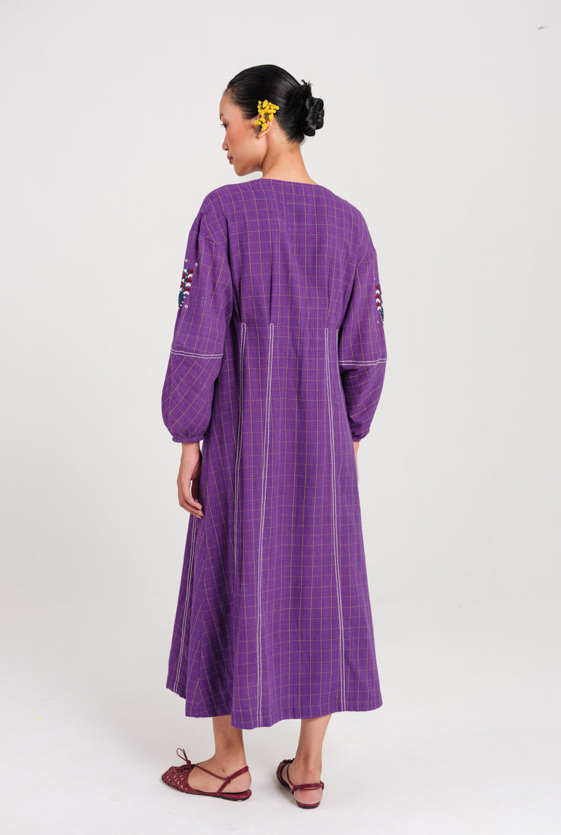 Drift Handloom Day Dress handwoven cotton dress by JodiLife in purple for women Worldwide