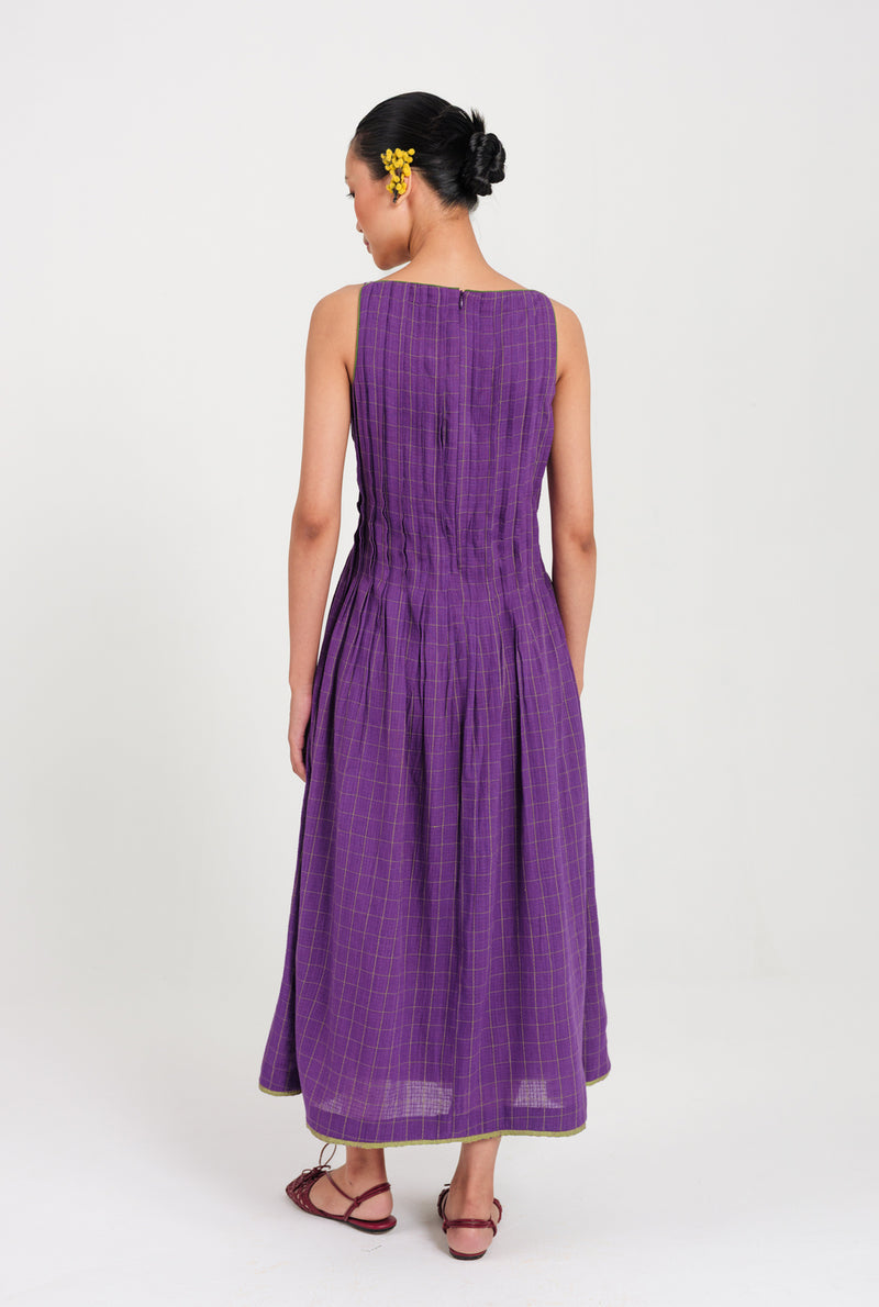 Drift Handloom Pleated Dress handwoven cotton dress by JodiLife in purple for women Worldwide