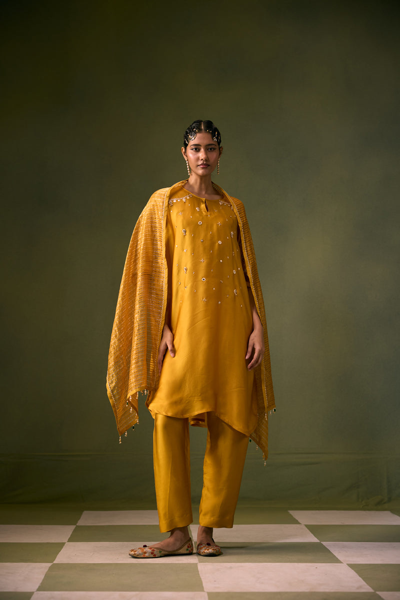 Acove Antifit Kurta Set vegan satin, organza satin kurta/kurta set by PRAHNAAYA in musturd yellow for women Worldwide