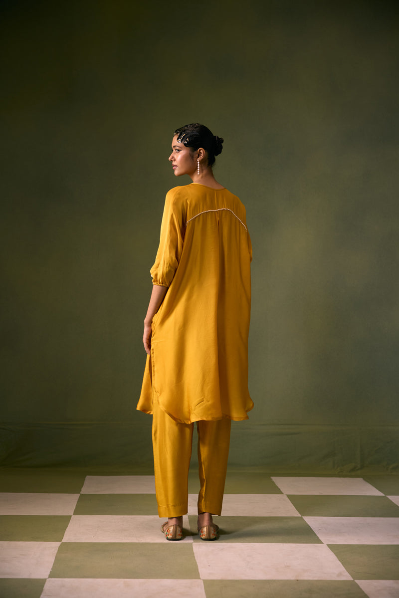 Acove Antifit Kurta Set vegan satin, organza satin kurta/kurta set by PRAHNAAYA in musturd yellow for women Worldwide