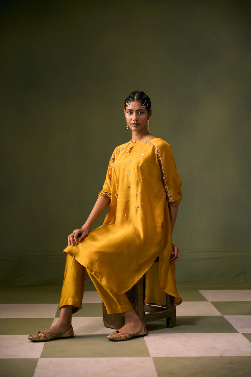 Acove Antifit Kurta Set vegan satin, organza satin kurta/kurta set by PRAHNAAYA in musturd yellow for women Worldwide