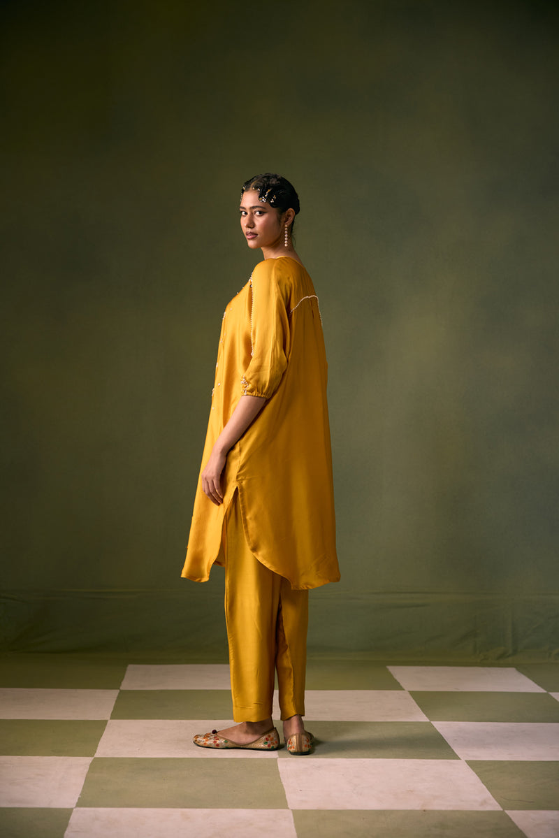 Acove Antifit Kurta Set vegan satin, organza satin kurta/kurta set by PRAHNAAYA in musturd yellow for women Worldwide
