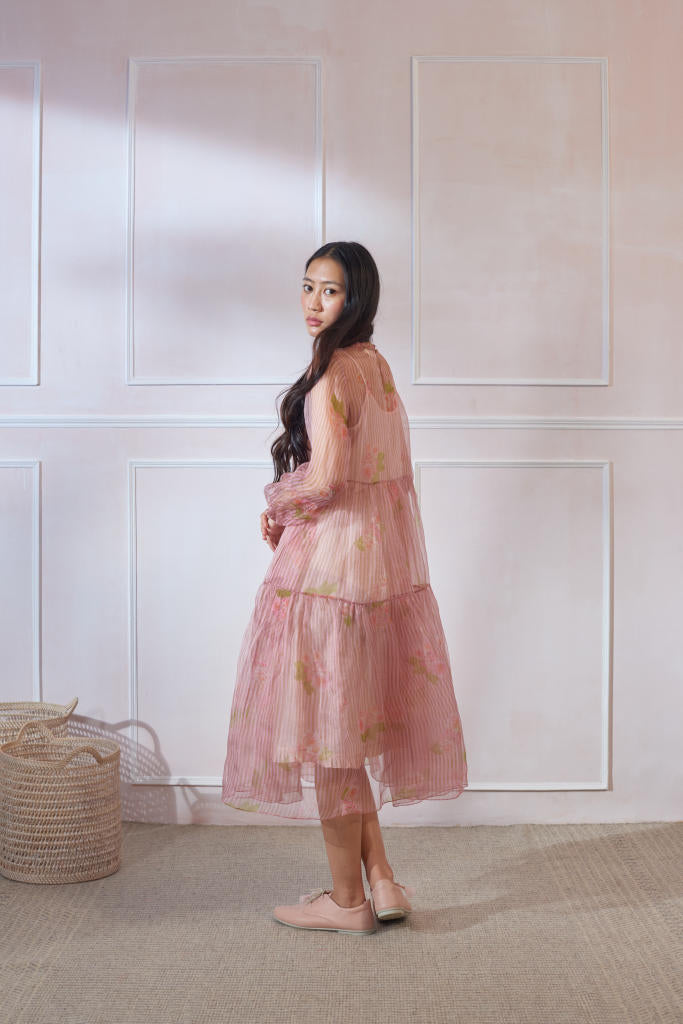 Hazari Mogra Silk Organza Midi Dress organza by Nadiya Paar in pink color for women Worldwide