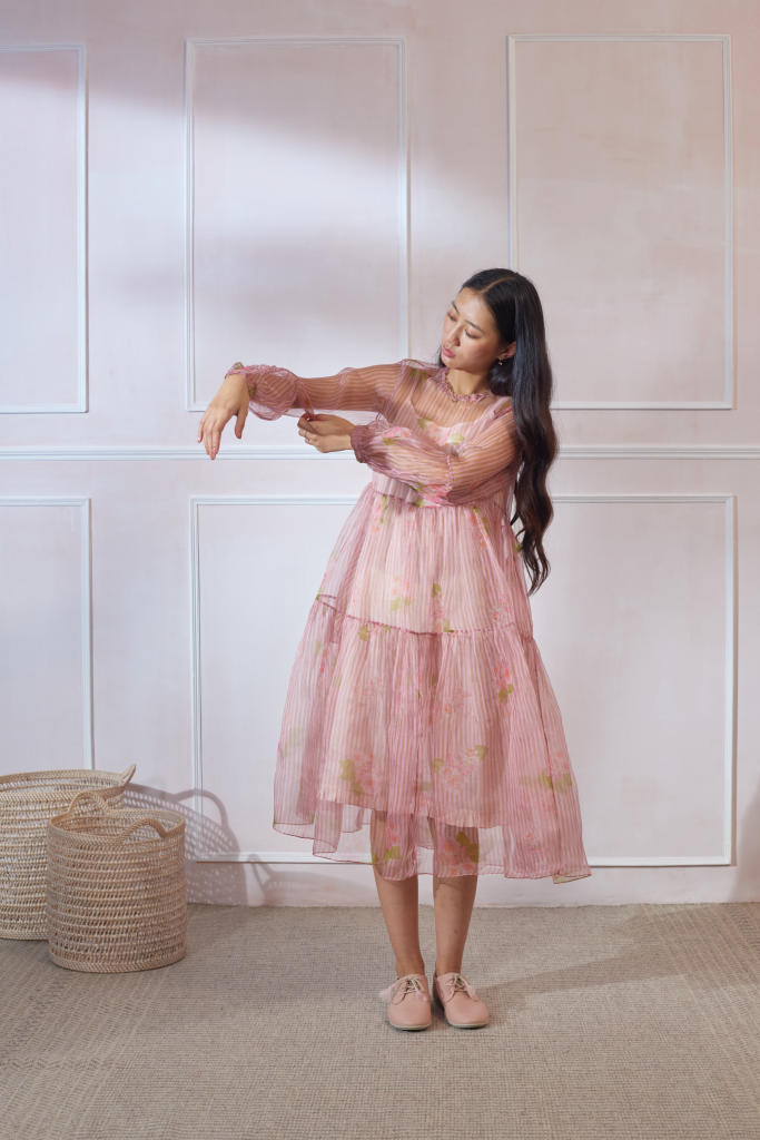 Hazari Mogra Silk Organza Midi Dress organza by Nadiya Paar in pink color for women Worldwide