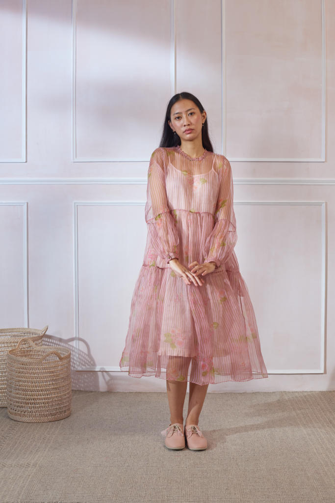 Hazari Mogra Silk Organza Midi Dress organza by Nadiya Paar in pink color for women Worldwide