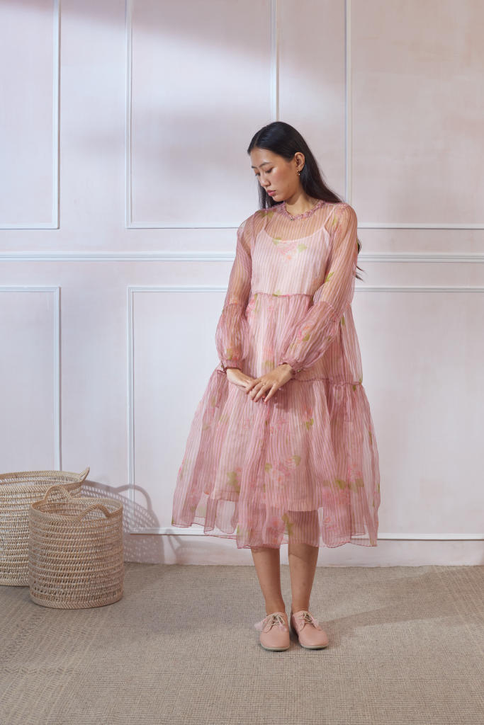 Hazari Mogra Silk Organza Midi Dress organza by Nadiya Paar in pink color for women Worldwide