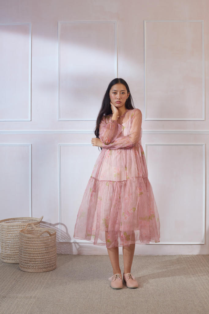 Hazari Mogra Silk Organza Midi Dress organza by Nadiya Paar in pink color for women Worldwide