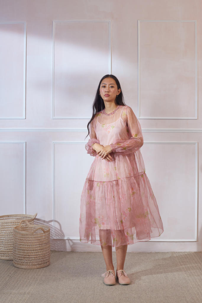 Hazari Mogra Silk Organza Midi Dress organza by Nadiya Paar in pink color for women Worldwide