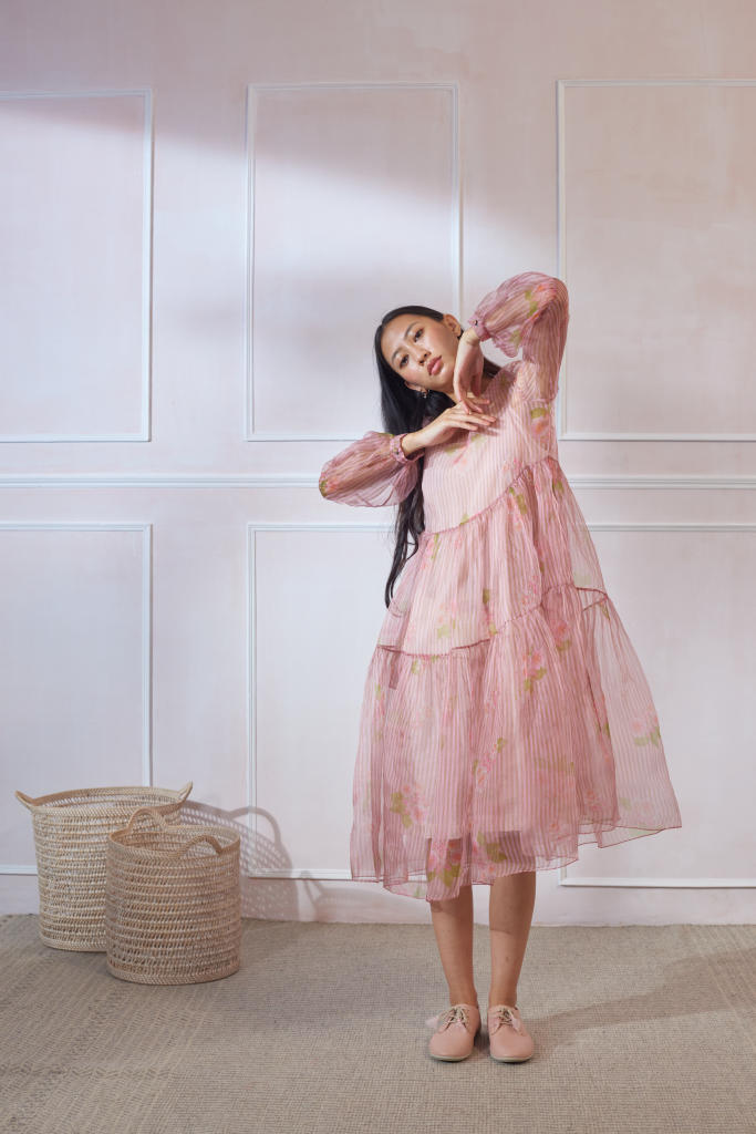 Hazari Mogra Silk Organza Midi Dress organza by Nadiya Paar in pink color for women Worldwide