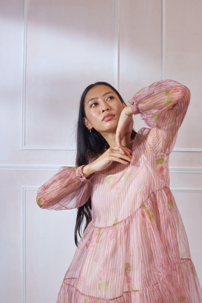 Hazari Mogra Silk Organza Midi Dress organza by Nadiya Paar in pink color for women Worldwide