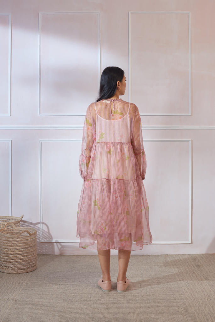Hazari Mogra Silk Organza Midi Dress organza by Nadiya Paar in pink color for women Worldwide
