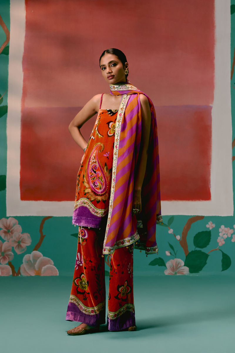 Tangerine & Purple Floral Kurta Set by Label Mogra in purple color for women Worldwide