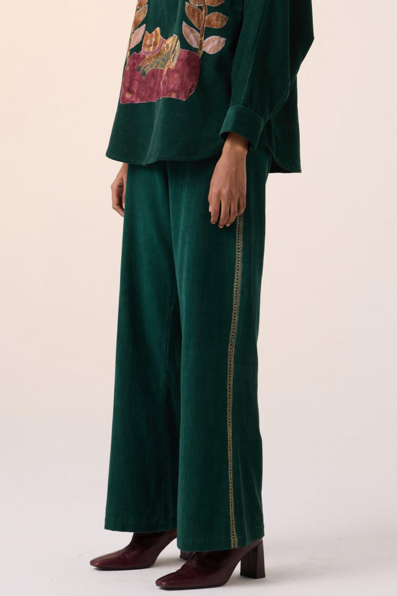 60'S PANT -GREEN EMBROIDERY corduroy by CORD for women Worldwide