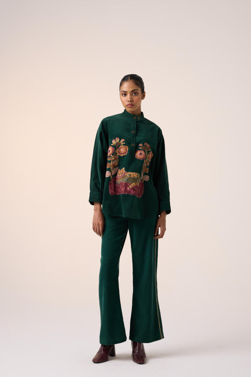 60'S PANT -GREEN EMBROIDERY corduroy by CORD for women Worldwide