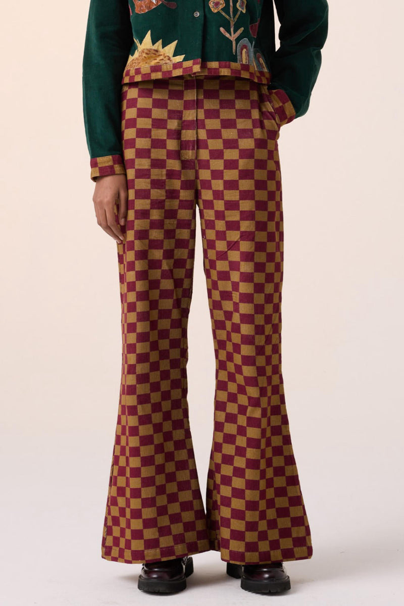 60'S PANT -OLIVE MAROON CHECKS corduroy by CORD for women Worldwide