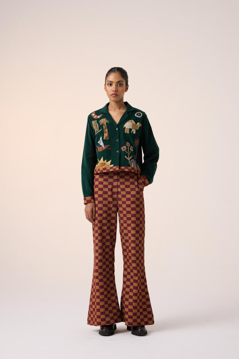 60'S PANT -OLIVE MAROON CHECKS corduroy by CORD for women Worldwide