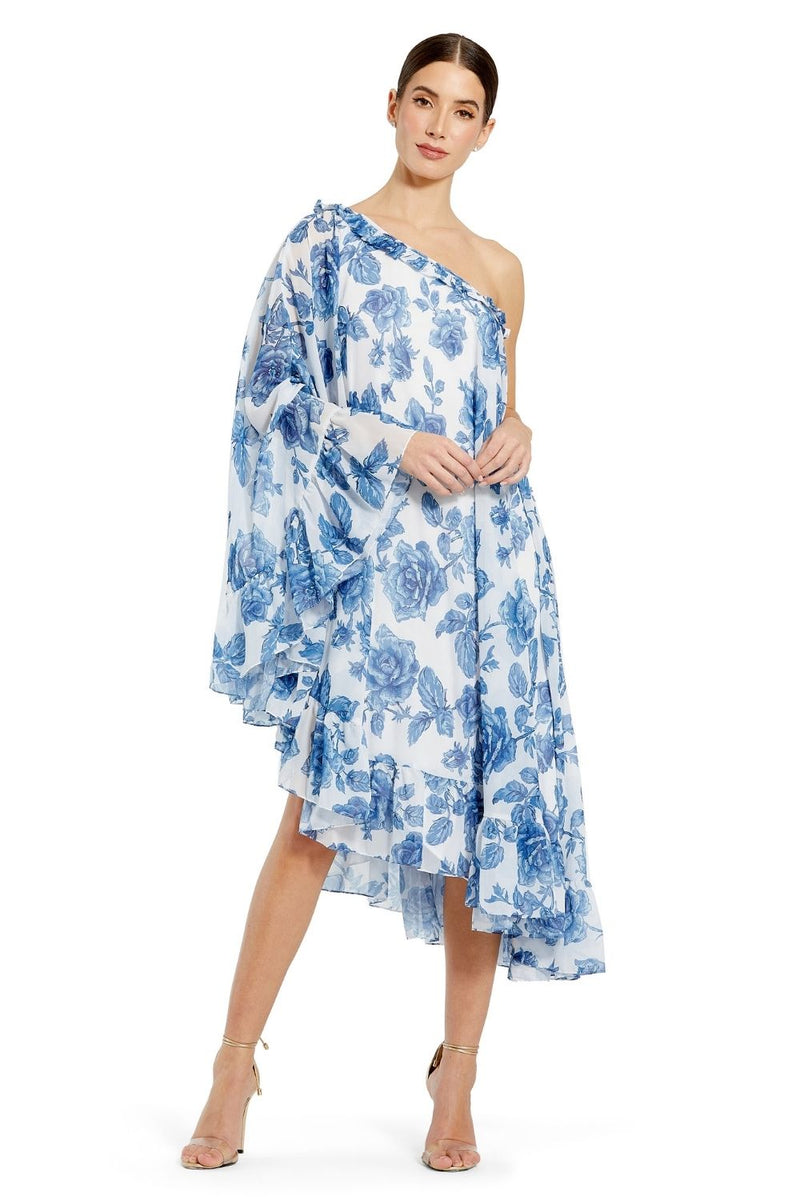 MD-55073 One Shoulder Printed Dress-Blue chiffon by Mac Duggal in blue color for women Worldwide