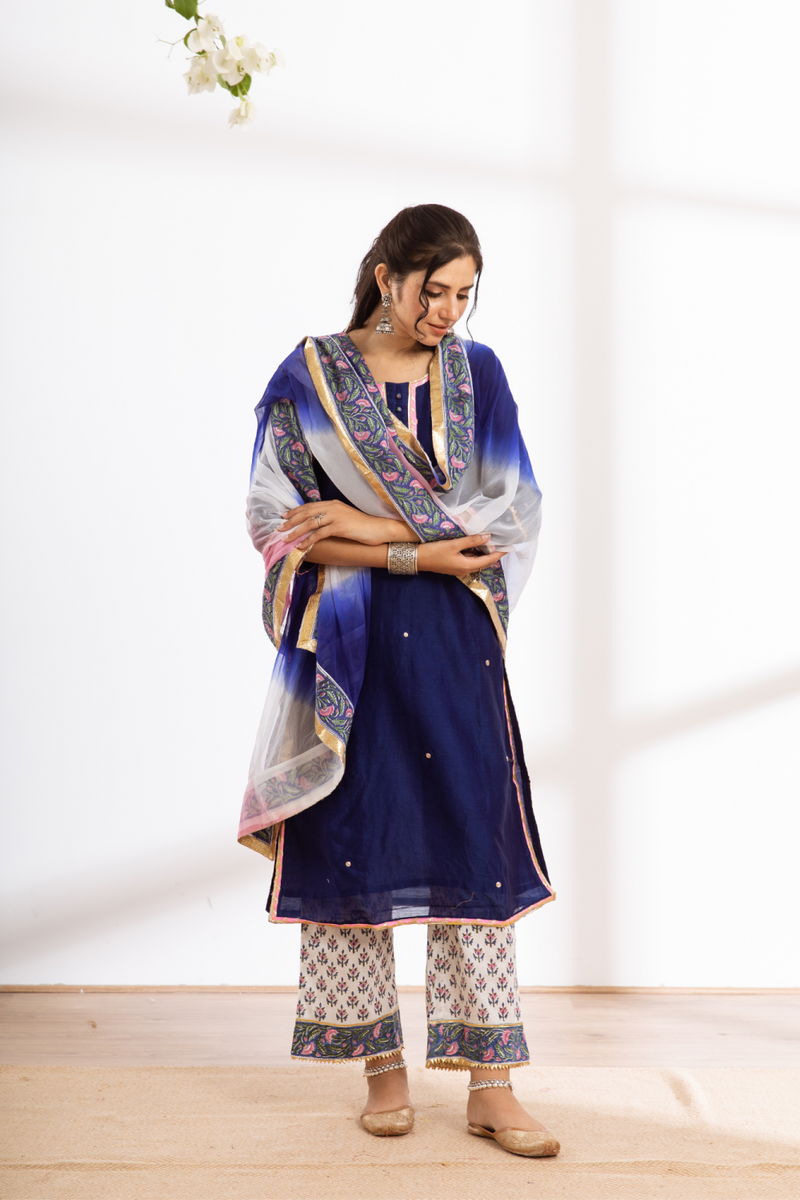 Rasika Neel Kurta Set - blue hand block printed chanderi kurta set chanderi by Maison Shefali in blue color for women Worldwide