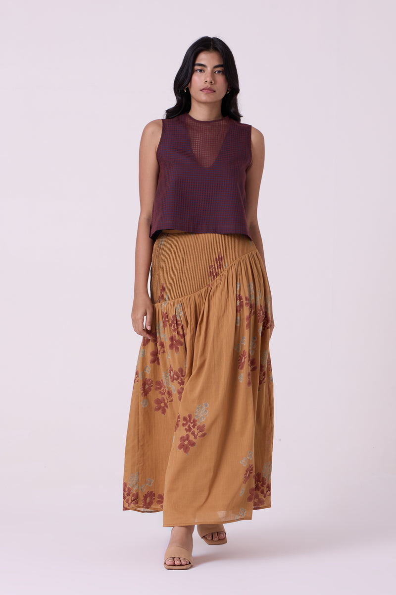 Kaika Floral Hand Printed Maxi Skirt hand block printed cotton mul skirt by The Summer House in brown for women Worldwide