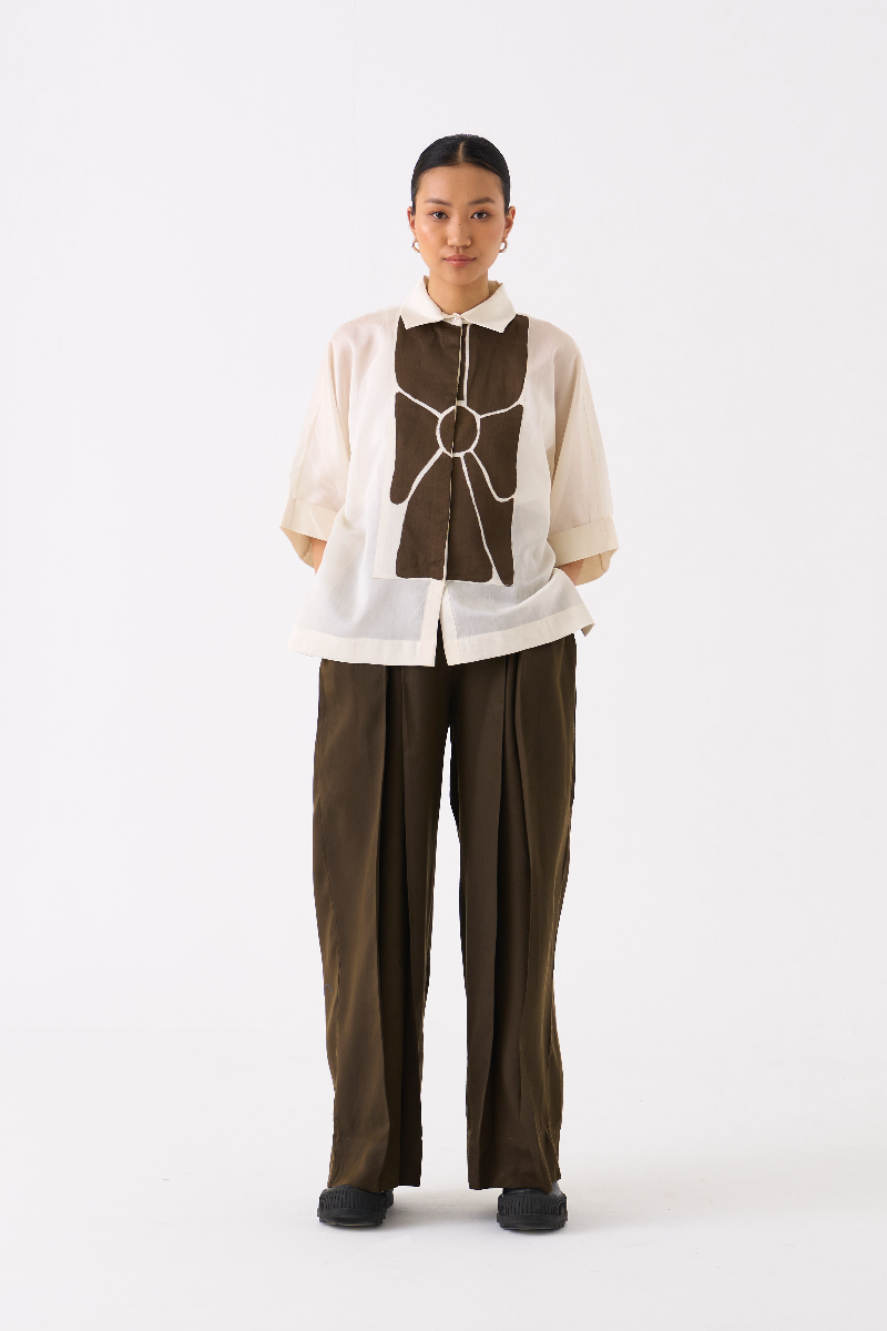 FLORAL APPLIQUE SHIRT-IVORY chanderi by THREE in ivory color for women Worldwide